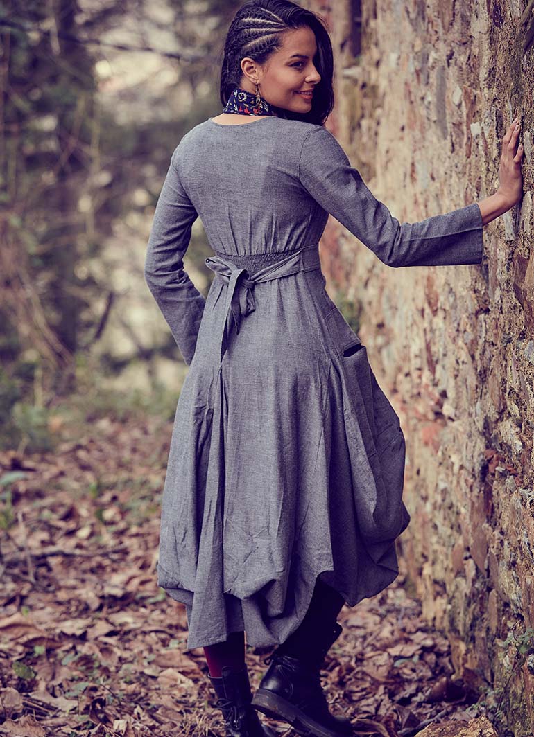 Asymmetrical Hem Tie Waist Long Sleeve Gray Dress