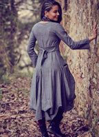 Asymmetrical Hem Tie Waist Long Sleeve Gray Dress