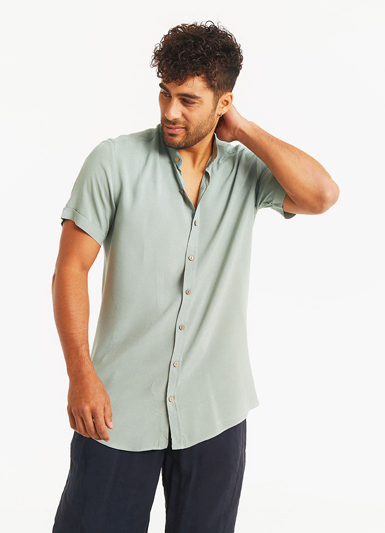 Half Sleeve Button Down Mandarin Collar Mens Shirt