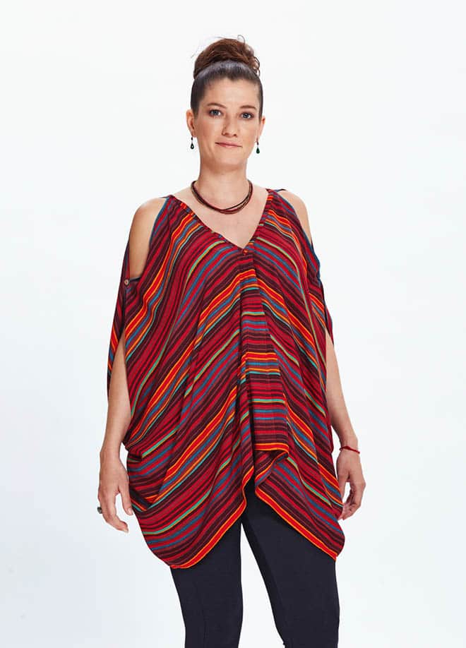 Relaxed Fit Red Striped Cold Shoulder Maternity Top