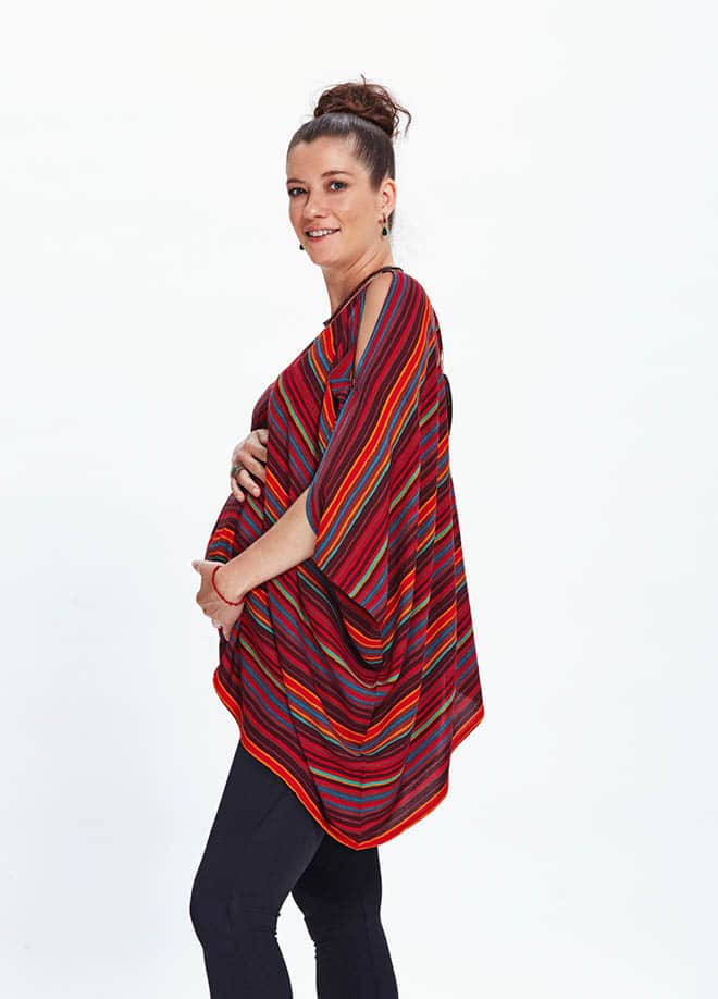 Relaxed Fit Red Striped Cold Shoulder Maternity Top