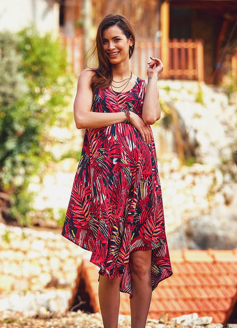 Scoop Neck Sleeveless Round Hem Tropical Print Maternity Dress