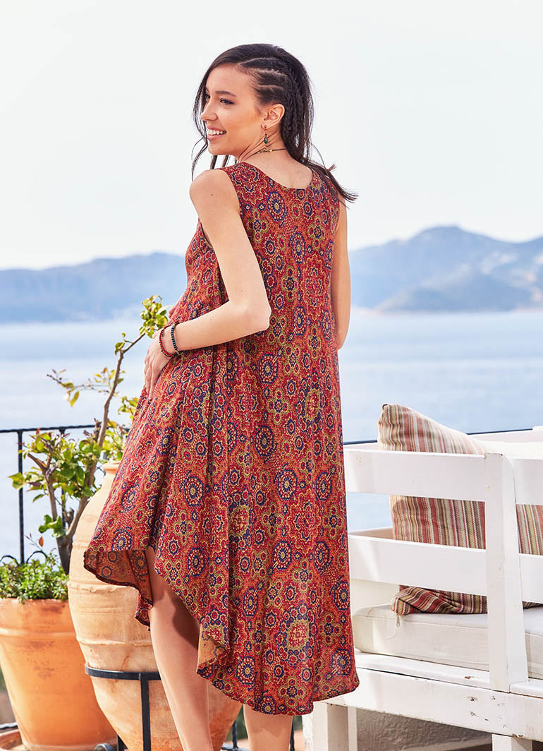 Scoop Neckline Sleeveless Round Hem Retro Print Maternity Dress