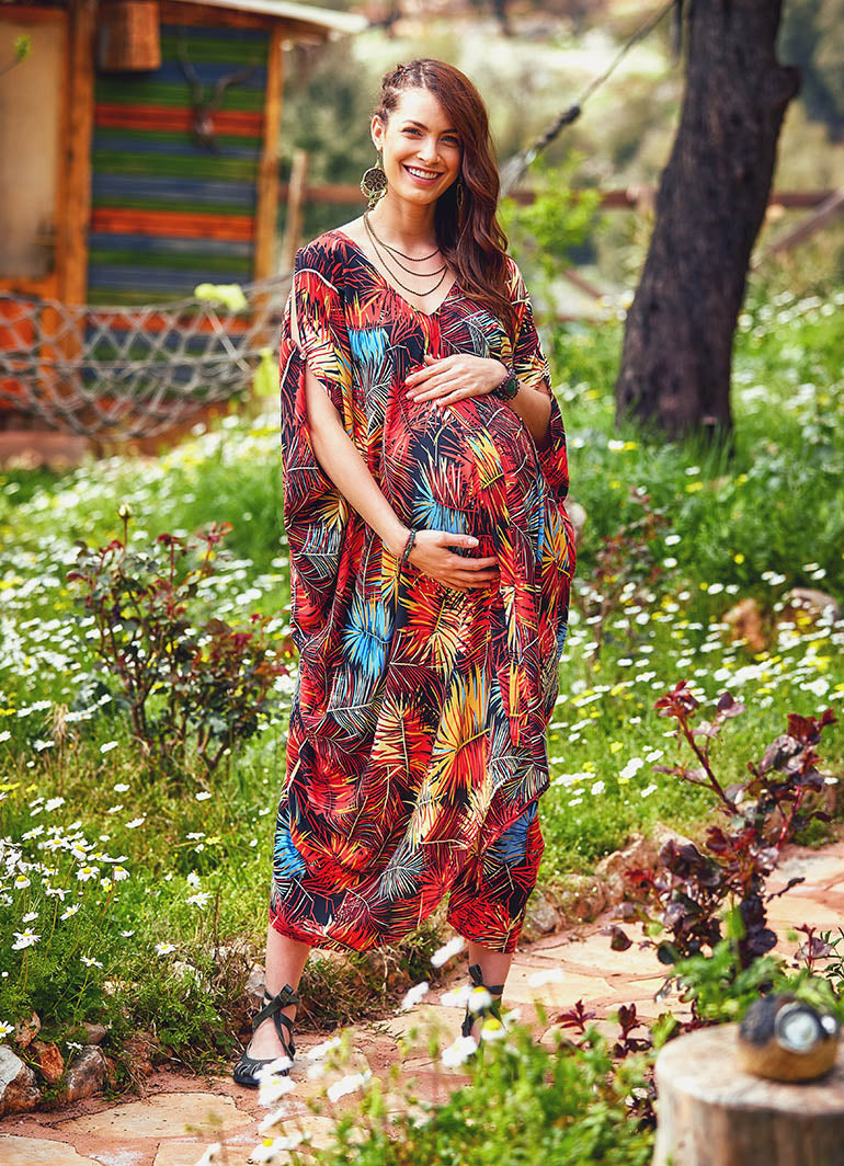 Cold Shoulder Deep V Neckline Boho Maternity Tropical Print Dress