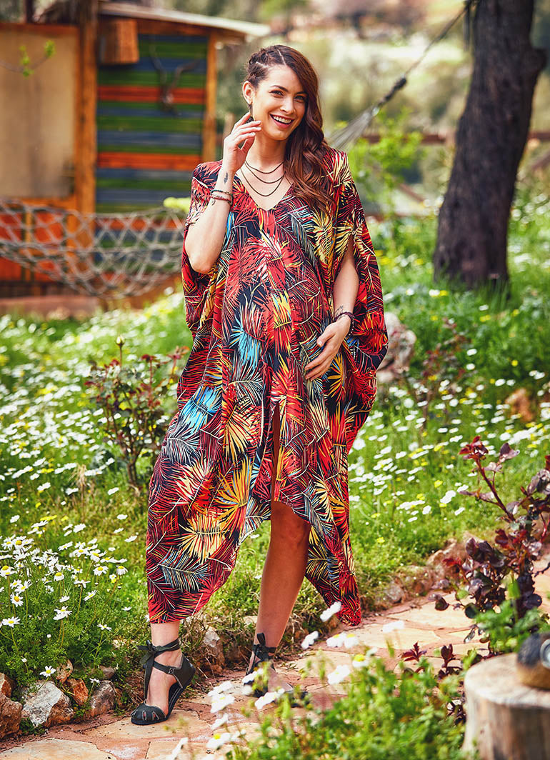 Cold Shoulder Deep V Neckline Boho Maternity Tropical Print Dress