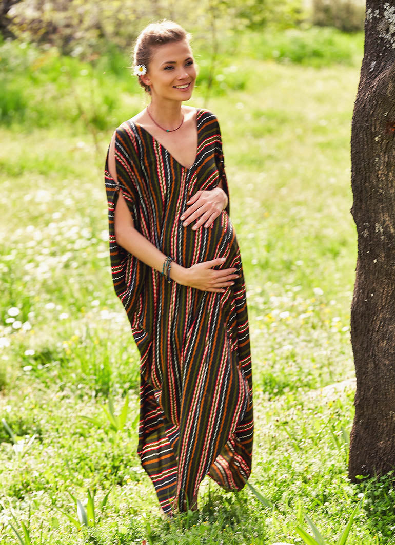 Asymmetrical Hem Loose Fit Hippie Style Striped Maternity Dress