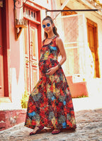 Wide Strappy Back Side Pockets Boho Wholesale Tropical Maxi Dress