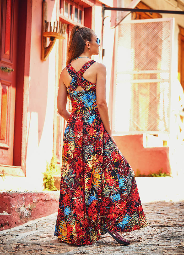 Wide Strappy Back Side Pockets Boho Wholesale Tropical Maxi Dress
