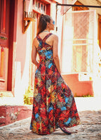 Wide Strappy Back Side Pockets Boho Wholesale Tropical Maxi Dress