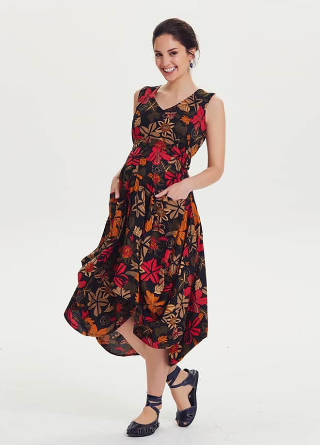 Sleeveless V Neckline Floral Cotton Bohemian Maternity Dress