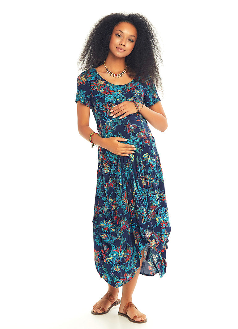 Asymmetrical Hem Half Sleeve Floral Boho Maternity Dress