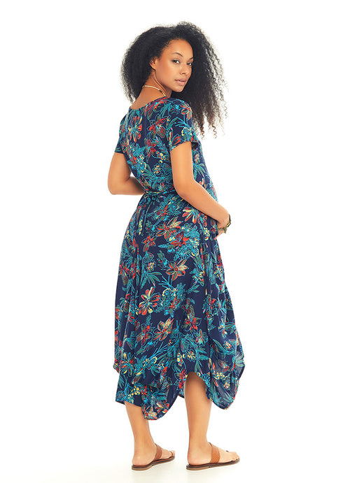 Asymmetrical Hem Half Sleeve Floral Boho Maternity Dress