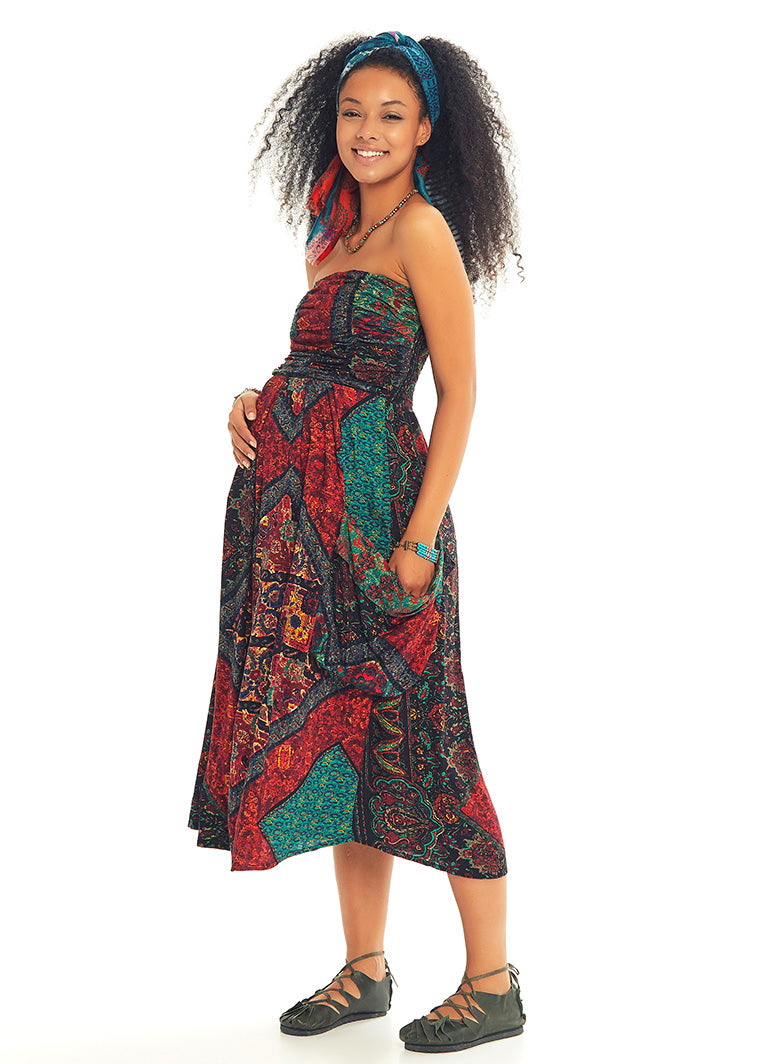 Etnic Print Drape Detail Strapless Maternity Summer Dress