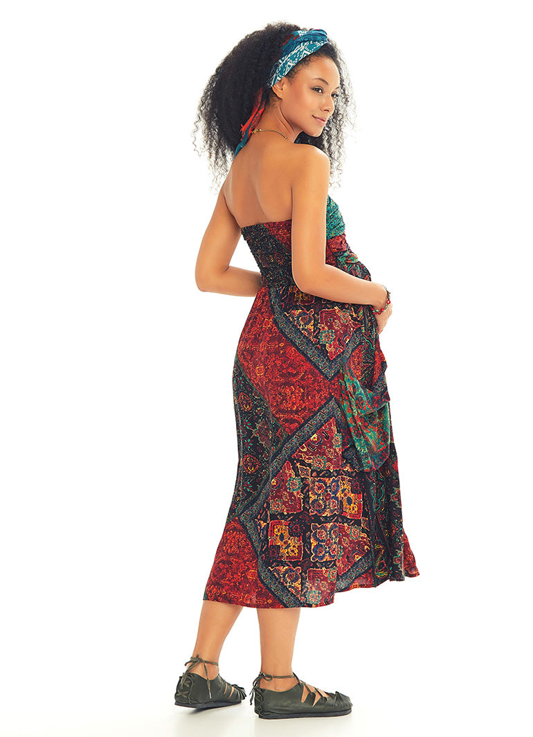 Etnic Print Drape Detail Strapless Maternity Summer Dress