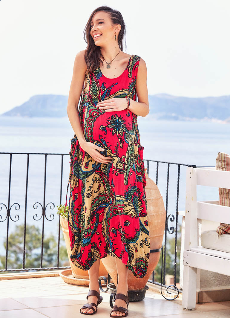 Oversize Buttoned Pockets Paisley Boho Wholesale Maternity Dress