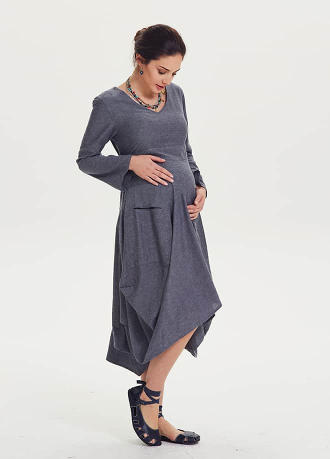 Oversized Pocket Detail Long Sleeve Tie Waist Maternity Dress