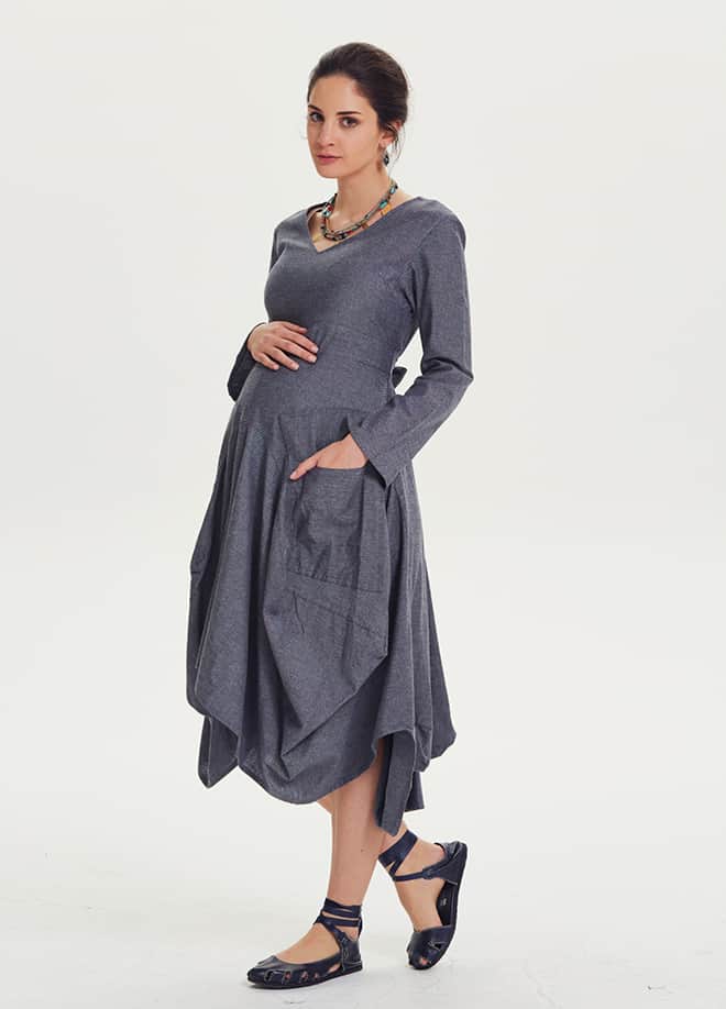 Oversized Pocket Detail Long Sleeve Tie Waist Maternity Dress