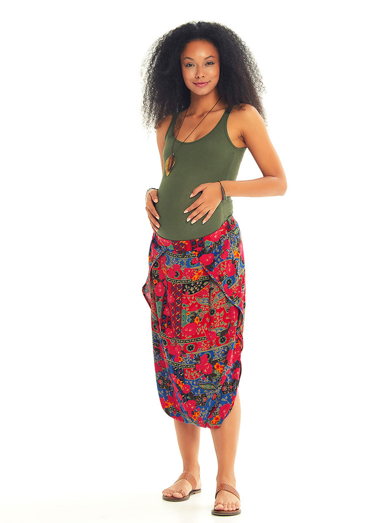 Ethnic Print Elastic Waist Red Capri Skirt  Maternity Pants