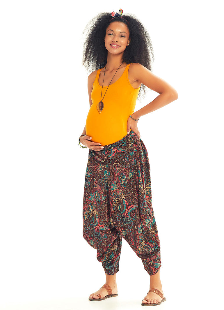 Paisley Print Draped Detail Elastic Waist Bohemian Harem Maternity Pants