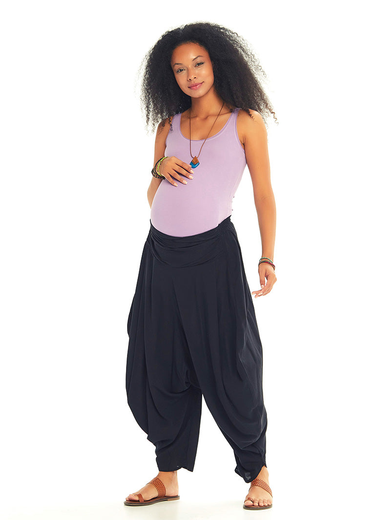 Draped Elastic Waist Medium Rise Flowy Casual Black Baggy Maternity Pants
