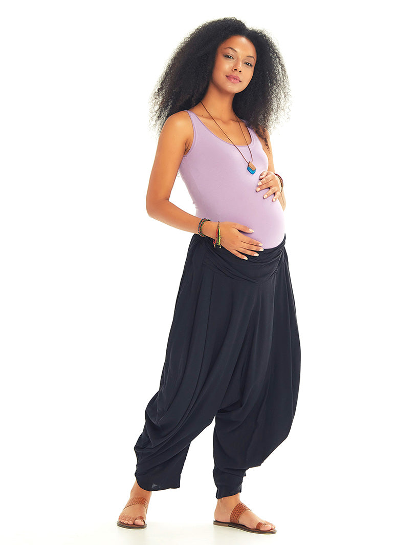 Draped Elastic Waist Medium Rise Flowy Casual Black Baggy Maternity Pants