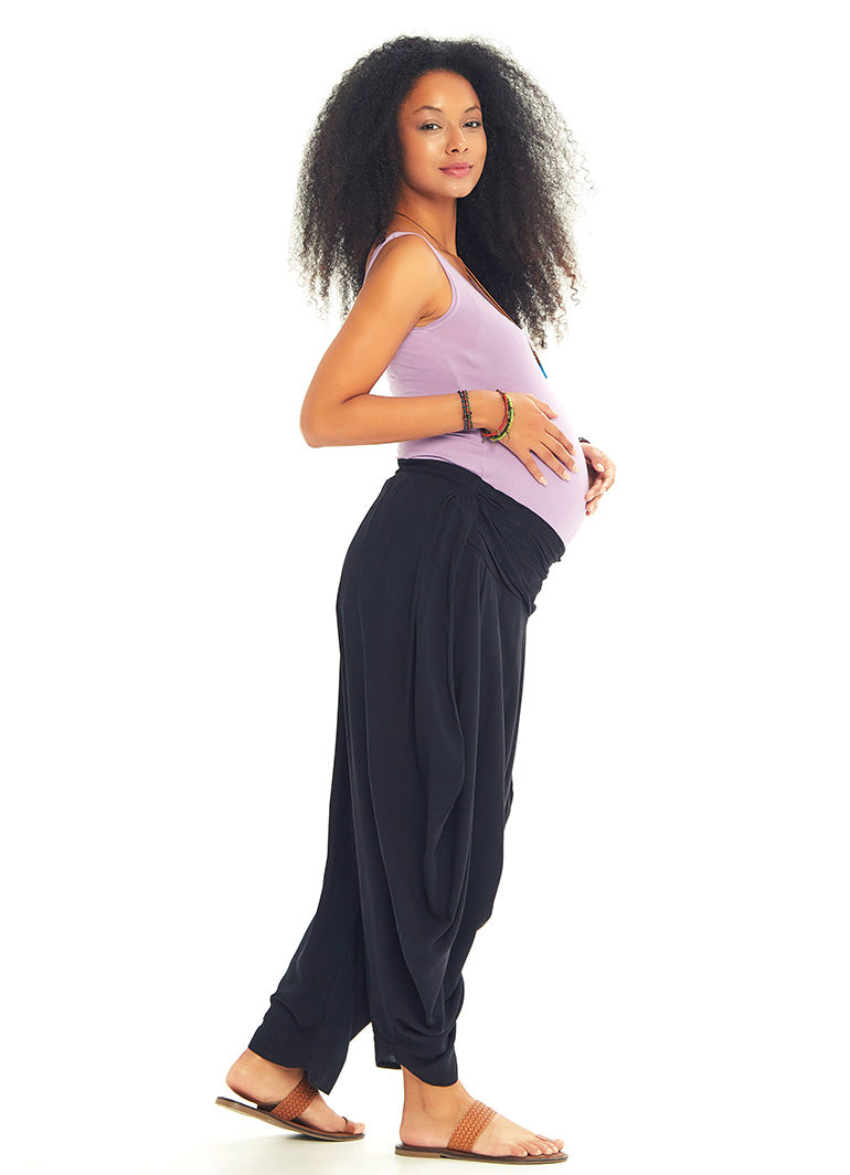 Draped Elastic Waist Medium Rise Flowy Casual Black Baggy Maternity Pants