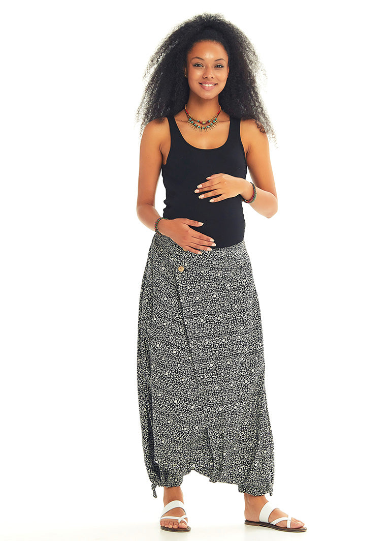 Adjustable Hem Wrap Front White Patterned Harem Maternity Pants