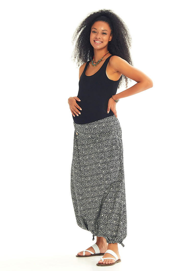 Adjustable Hem Wrap Front White Patterned Harem Maternity Pants