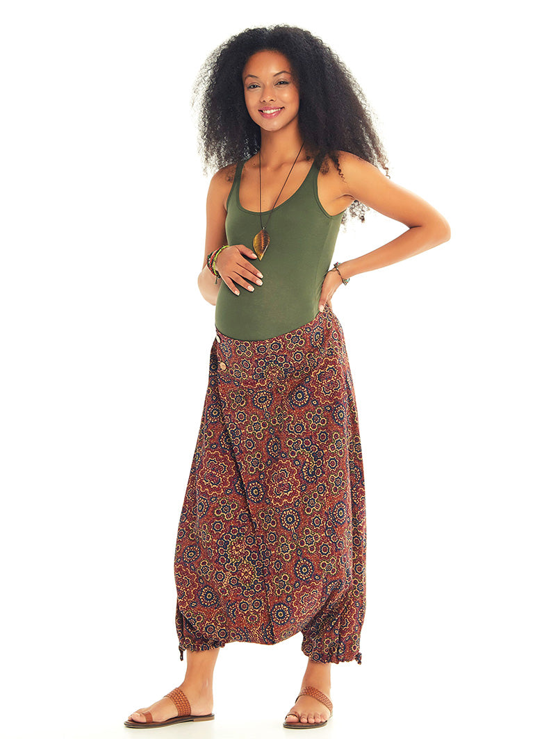 Retro Print Elastic Waist Wrap Front Detail Bohemian Harem Winter Maternity Pants