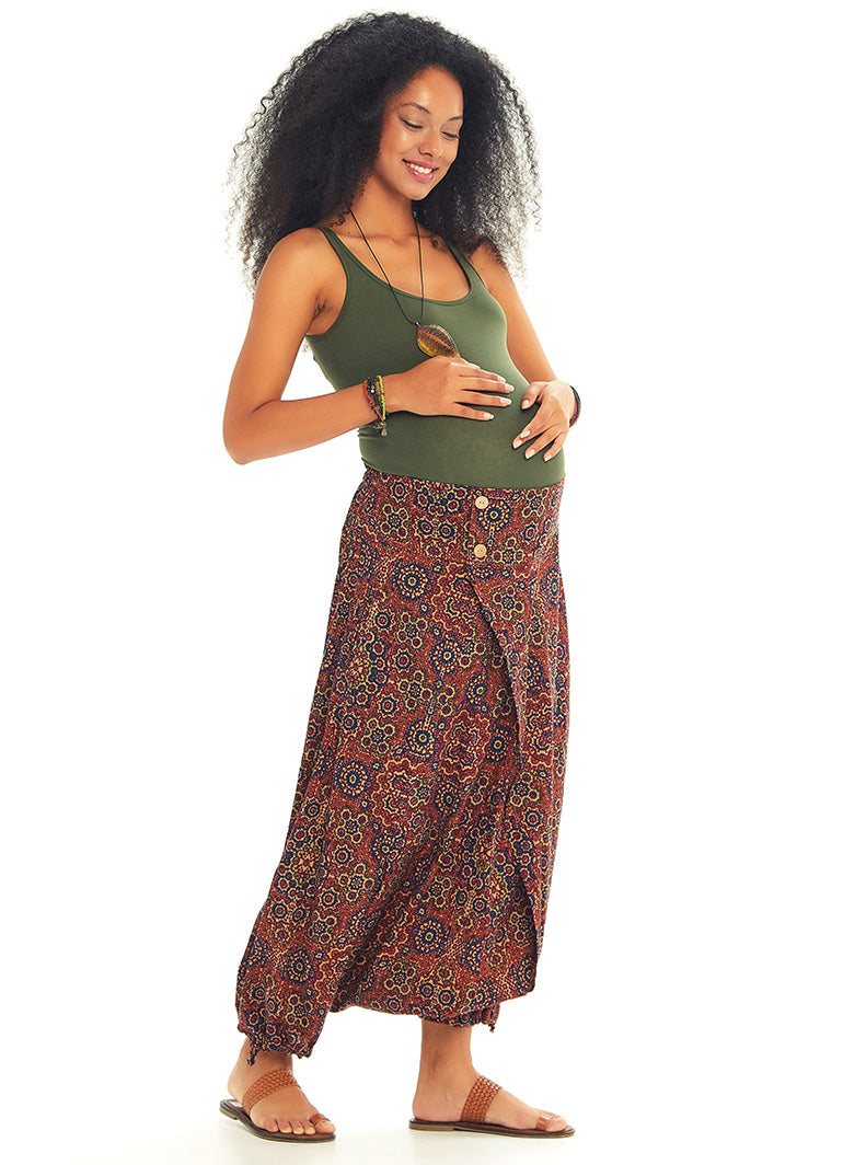 Retro Print Elastic Waist Wrap Front Detail Bohemian Harem Winter Maternity Pants