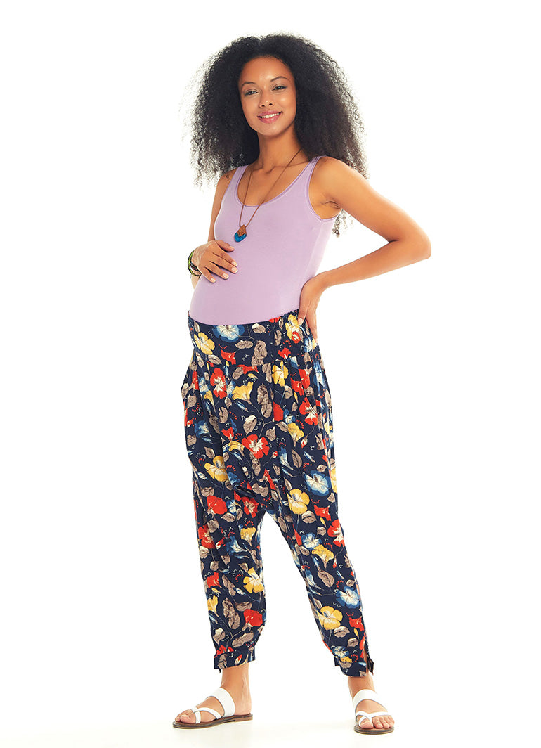 Ethnic Patterned Giped Waist Black Baggy Maternity Trousers