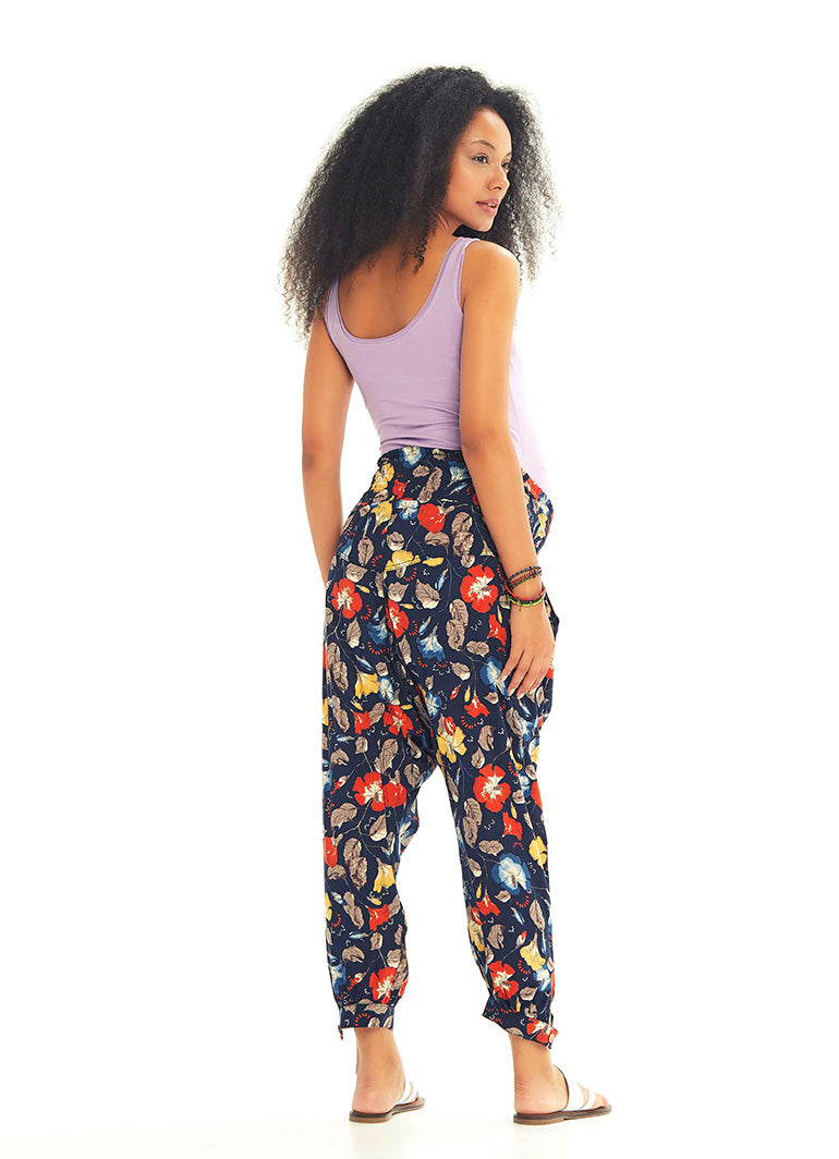 Ethnic Patterned Giped Waist Black Baggy Maternity Trousers