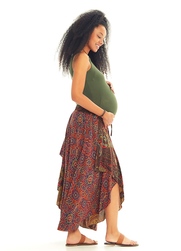 Paisley Print Hem Detail Elastic Waist Gypsy Flowy Midi Maternity Skirt