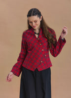 Mandarin Collar Cross Button Red Plaid Winter Jacket Shirt