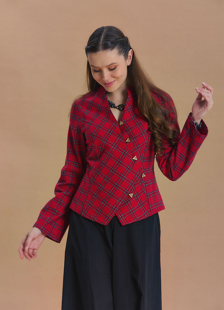 Mandarin Collar Cross Button Red Plaid Winter Jacket Shirt