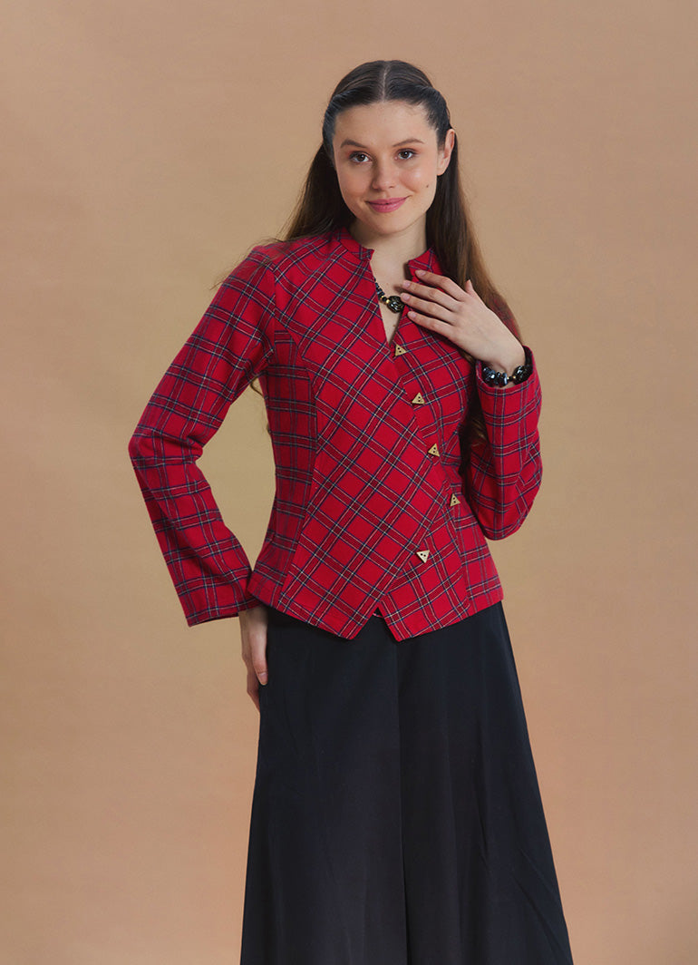 Mandarin Collar Cross Button Red Plaid Winter Jacket Shirt