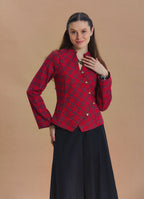Mandarin Collar Cross Button Red Plaid Winter Jacket Shirt