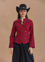 Mandarin Collar Cross Button Red Plaid Winter Jacket Shirt