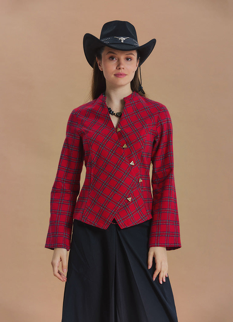 Mandarin Collar Cross Button Red Plaid Winter Jacket Shirt