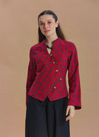 Mandarin Collar Cross Button Red Plaid Winter Jacket Shirt