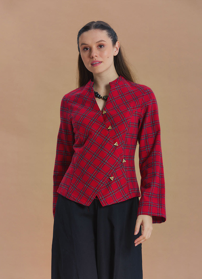 Mandarin Collar Cross Button Red Plaid Winter Jacket Shirt