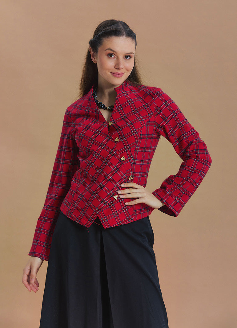 Mandarin Collar Cross Button Red Plaid Winter Jacket Shirt