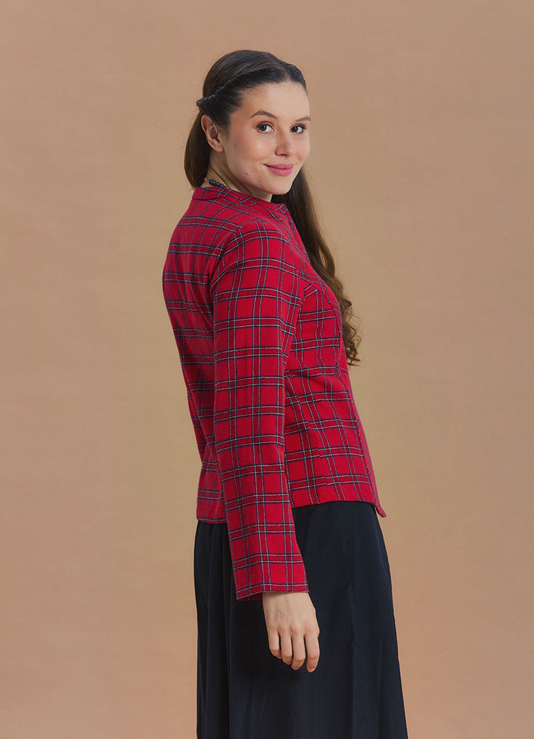 Mandarin Collar Cross Button Red Plaid Winter Jacket Shirt