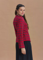 Mandarin Collar Cross Button Red Plaid Winter Jacket Shirt