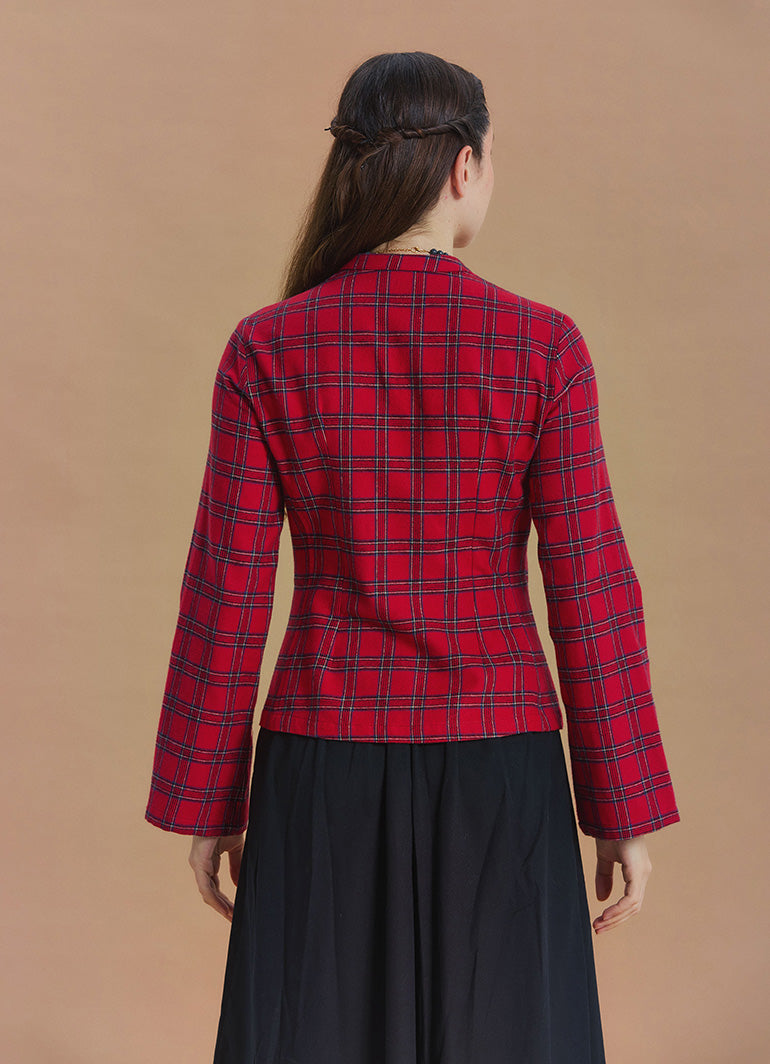 Mandarin Collar Cross Button Red Plaid Winter Jacket Shirt