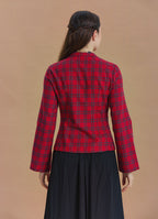 Mandarin Collar Cross Button Red Plaid Winter Jacket Shirt