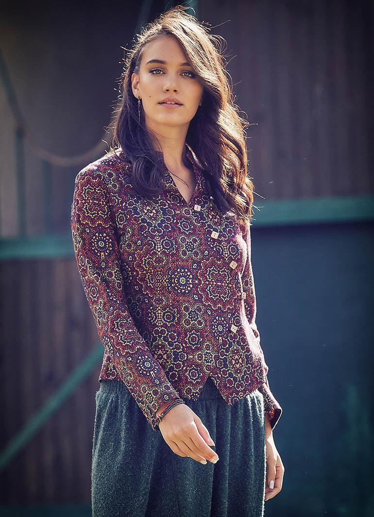 Retro Slim Cut Long Sleeve Mandarin Collar Shirt