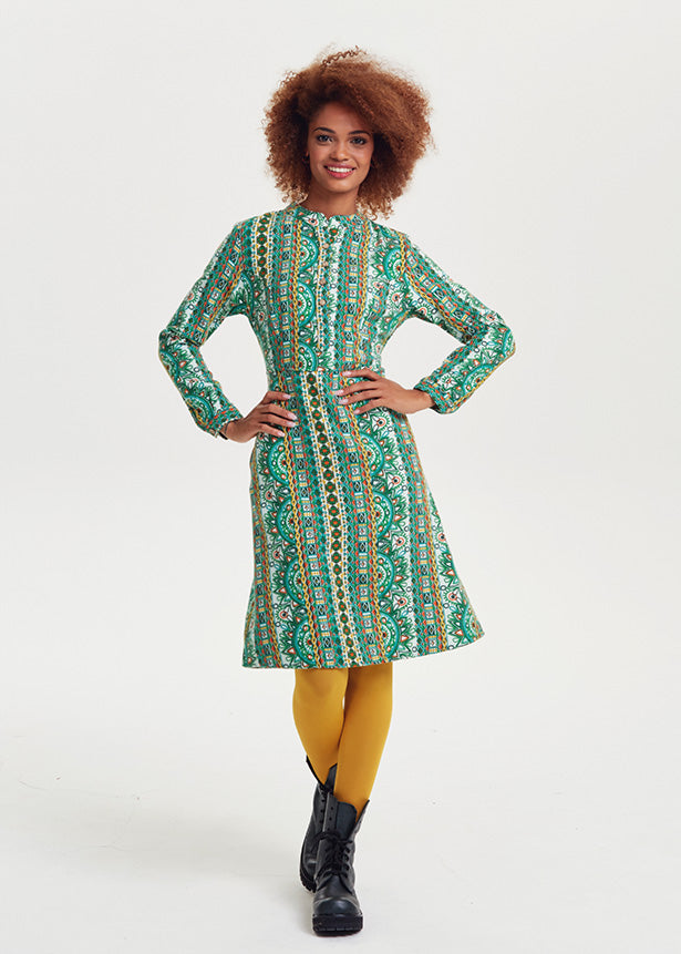Ethnic Print Mandarin Collar Tie Back Green Dress
