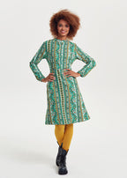 Ethnic Print Mandarin Collar Tie Back Green Dress