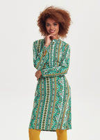 Ethnic Print Mandarin Collar Tie Back Green Dress